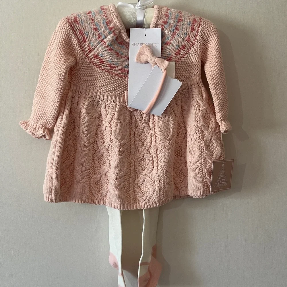 Pink and Green Knit Baby Dresses with Tights Bundle - Picture 2 of 8